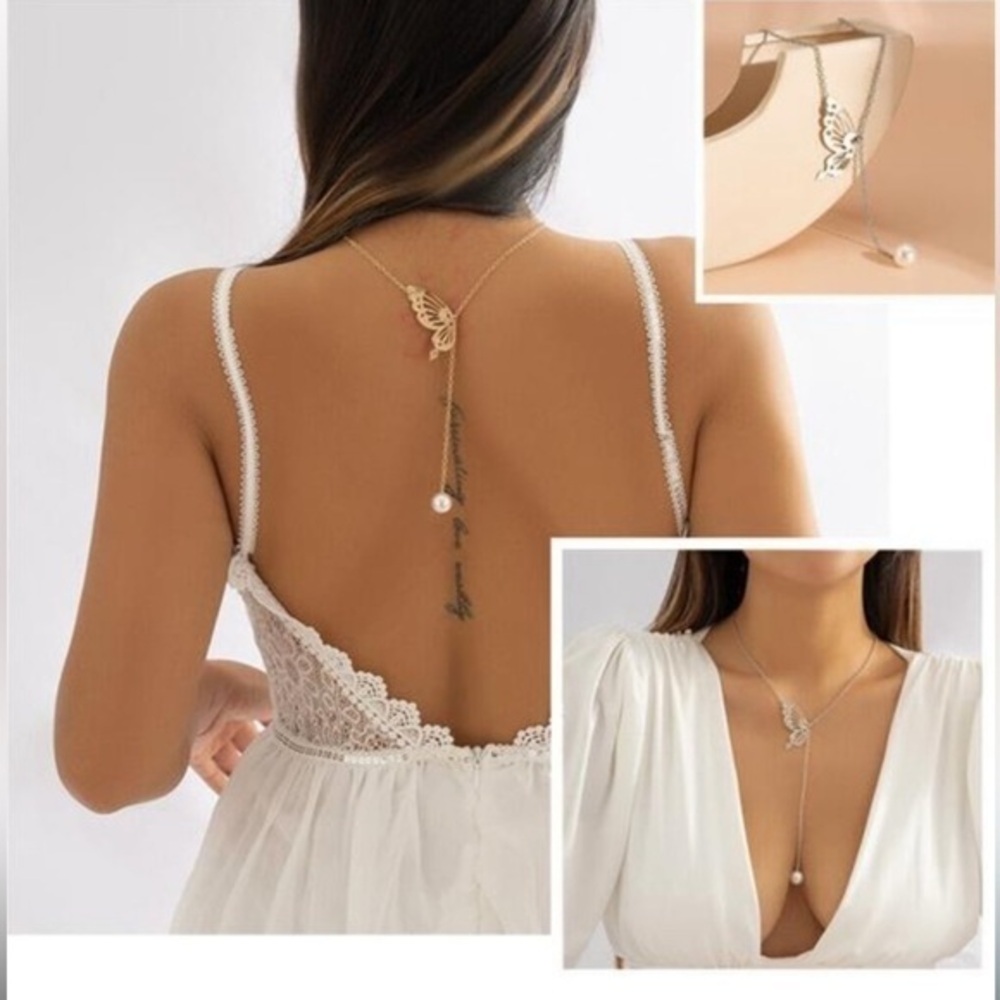 18k white gold plated butterfly back y Necklace